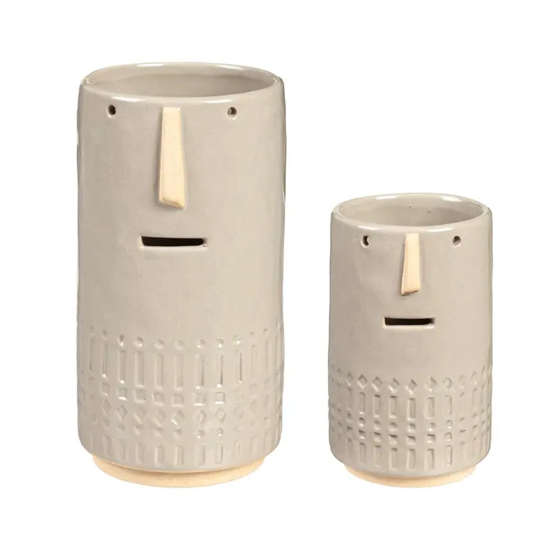 Grey Ceramic Face Planter, Set of 2