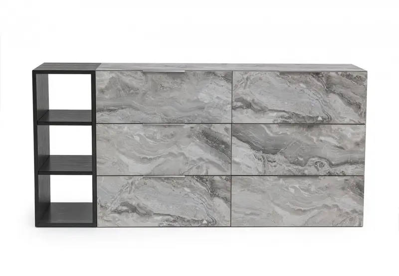 Grey Faux Marble and Black Wood Six Drawer Double Dresser By Homeroots