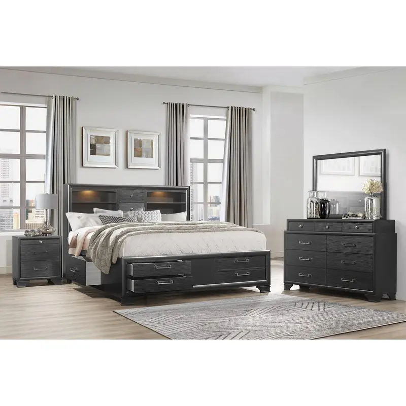 Grey Rubberwood Bed With Bookshelves Headboard Led Lightning 6 Drawers By Homeroots - 383797
