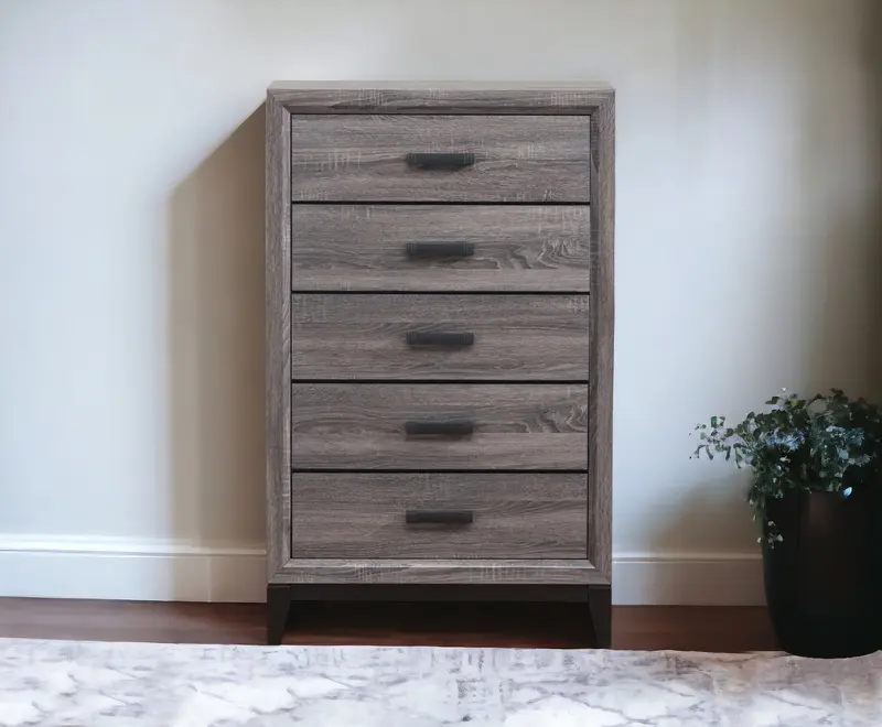 Grey Solid Wood Five Drawer Chest By Homeroots