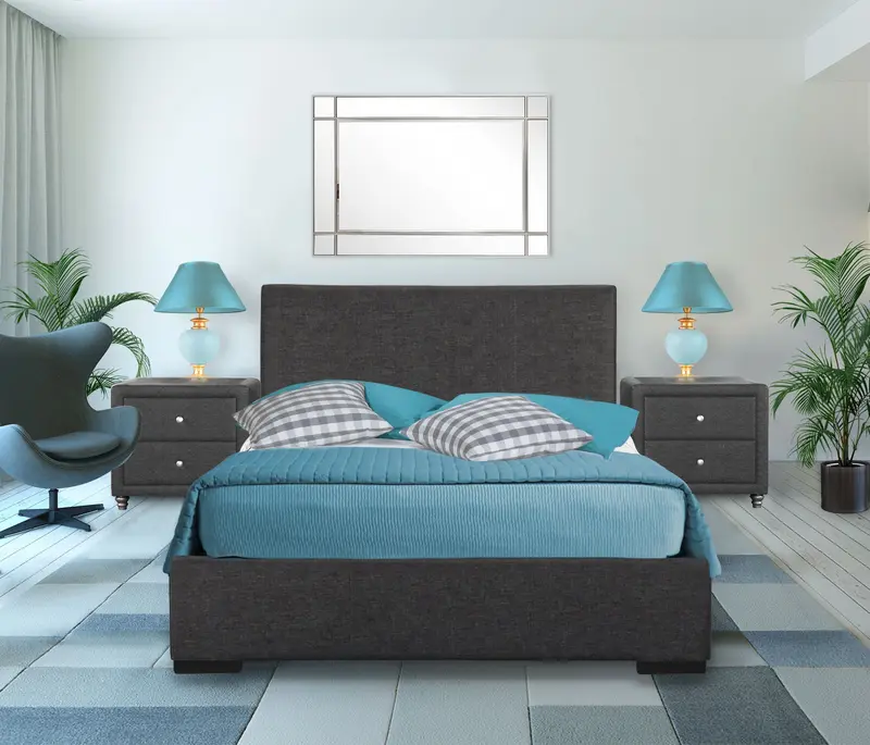 Grey Upholstered Platform King Bed With Two Nightstands By Homeroots