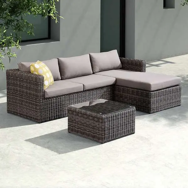 Hagen 3 piece Outdoor Rattan Sectional Chase Set with Brown Cushions and Modern Accent Pillows By Armen Living