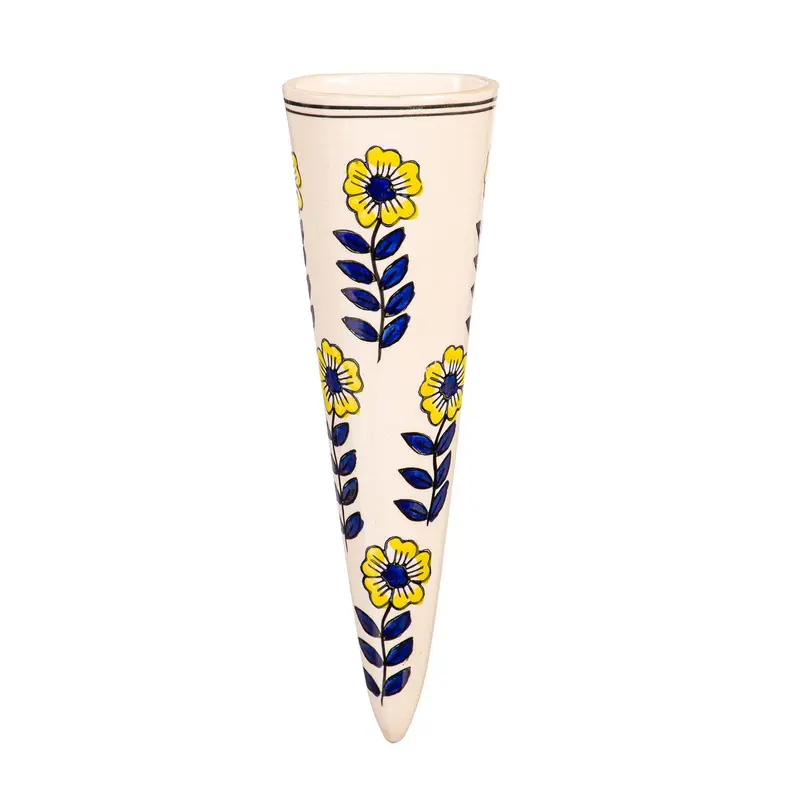 Hand-Painted Cone Shaped Ceramic Wall Planter, White