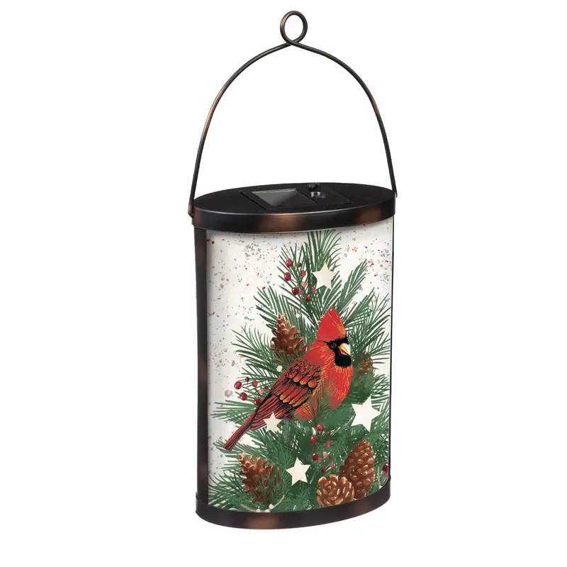 Hand Painted Solar Glass Lantern, Cardinal and Winter Spruce,2sp6372