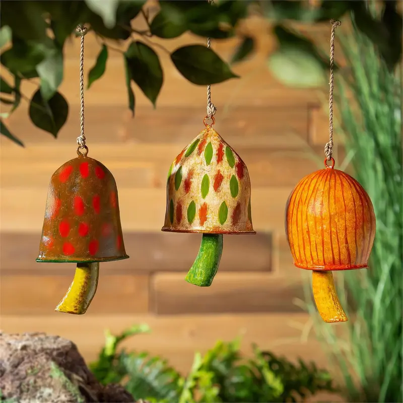 Hand Painted Spotted Metal Mushroom Bell, Set of 3