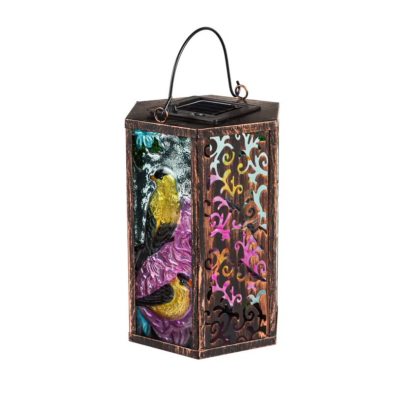 Handpainted Embossed Glass and Metal Solar Lantern, American Goldfinch,5.91"x5.31"x8.27"inches