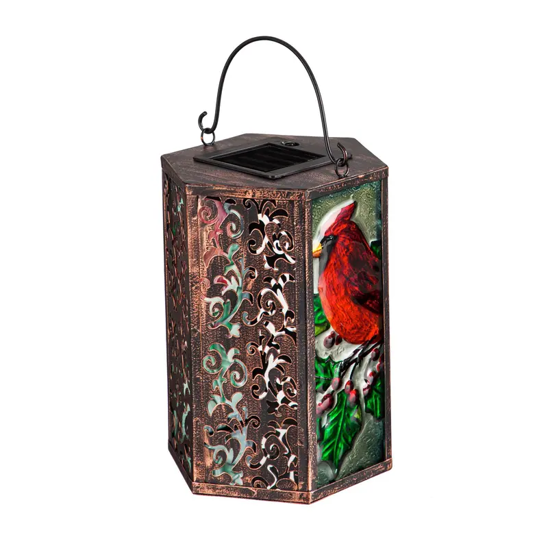 Handpainted Embossed Glass and Metal Solar Lantern, Holiday Cardinal,5.91"x5.31"x8.27"inches