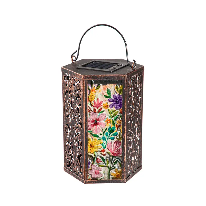 Handpainted Embossed Glass and Metal Solar Lantern, Wild Florals,2sp7049