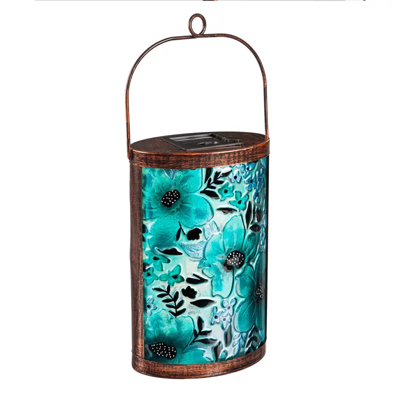 Handpainted Solar Glass Lantern, Blue Oasis Florals,5.91"x3.74"x9.45"inches