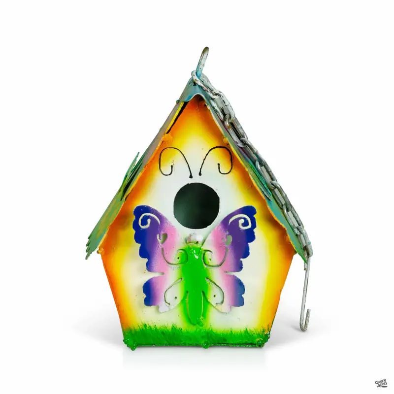 Hanging Metal Birdhouse with Butterfly Metal Yard Art