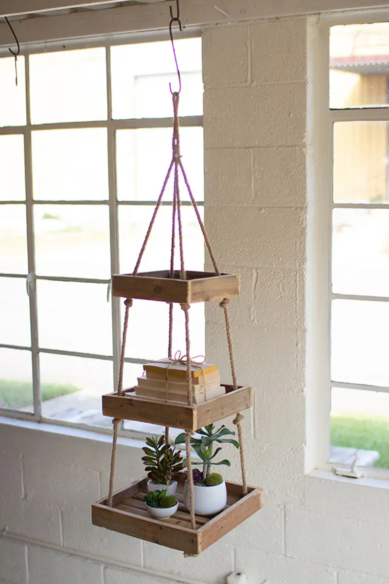 Hanging Three Tiered Sq Recycled Wood Display W Jute Rope (Min 2) By Kalalou