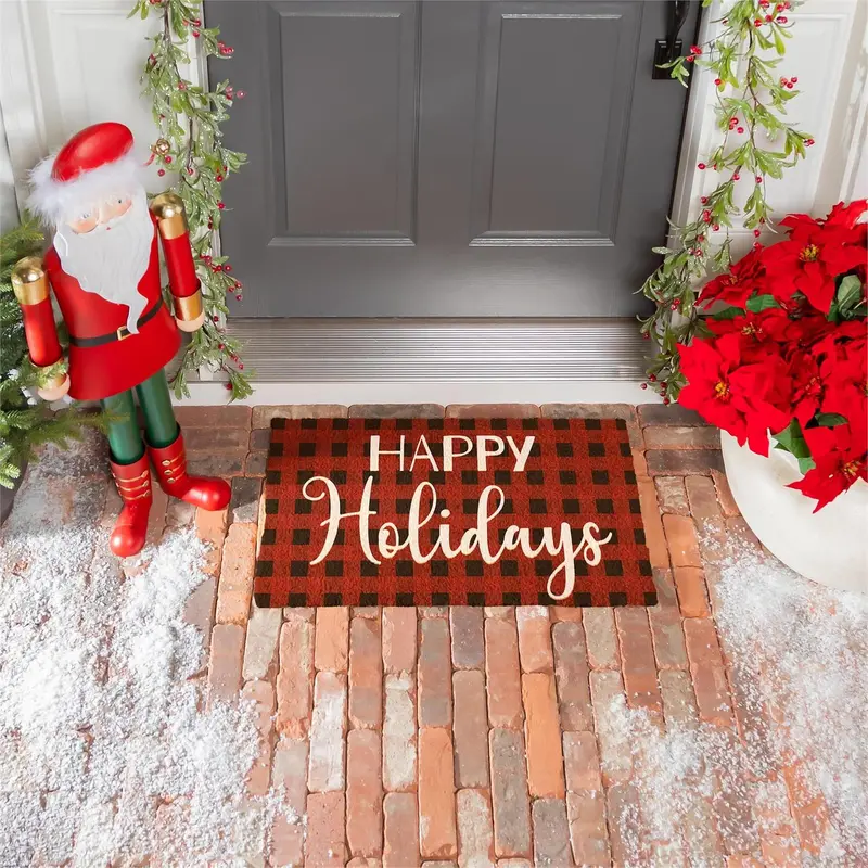 Happy Holidays Plaid Coir Mat