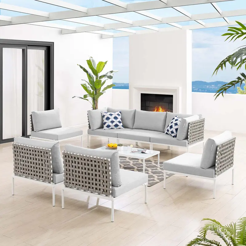Harmony 8-Piece  Sunbrella® Basket Weave Outdoor Patio Aluminum Sectional Sofa Set By Modway - EEI-4939