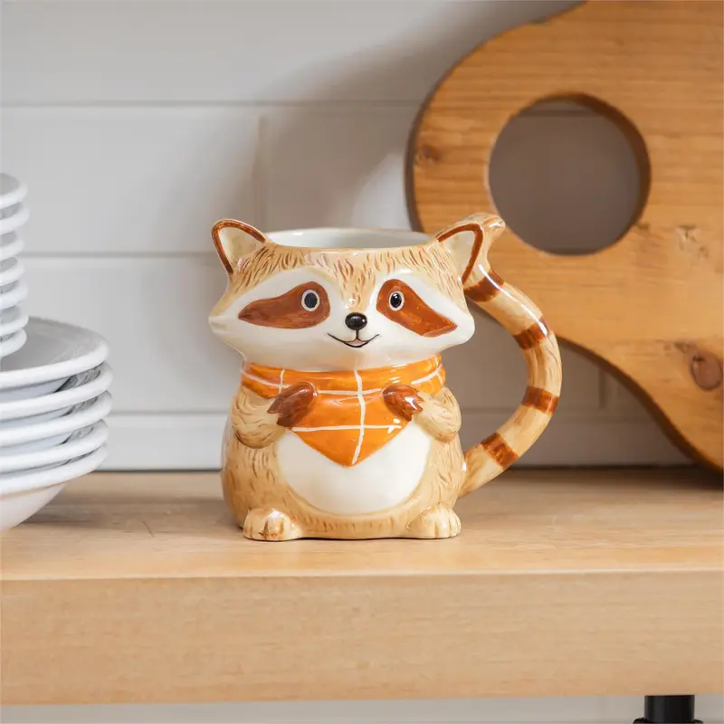 Harvest Blossom Coffee Cup Ceramic Sculpted Raccoon