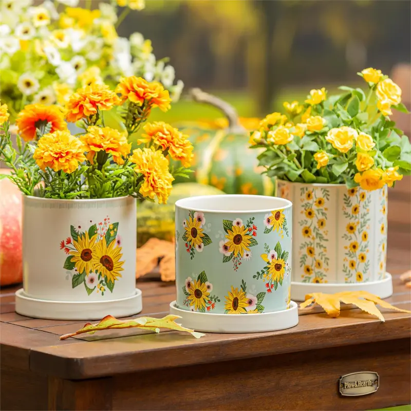 Harvest Blossom Planter, Ceramic Cachepot with Dish, 4.25", Asst of 3, CDU