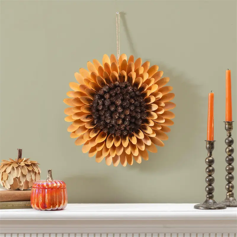 Harvest Blossom Wreath, Wood Curl Sunflower, 14.5"H