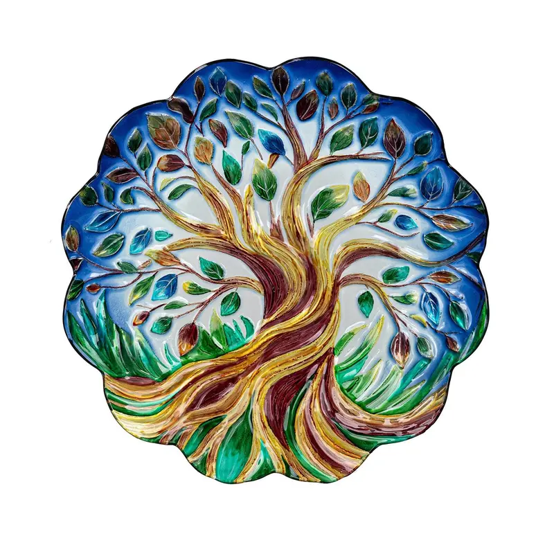Harvest Blossoms Birdbath,Tree of Life Hand Painted Glass Birdbath, 18"