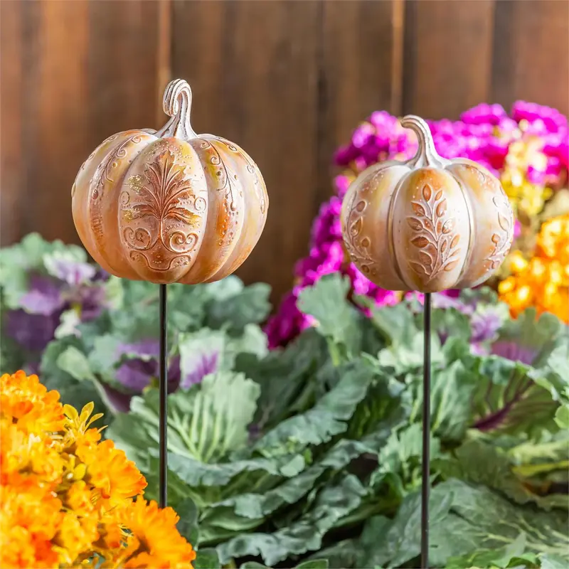 Harvest Blossoms Garden Stake,18"H, Resin Pumpkin Garden Stake , 2 Assorted, 4 of Each