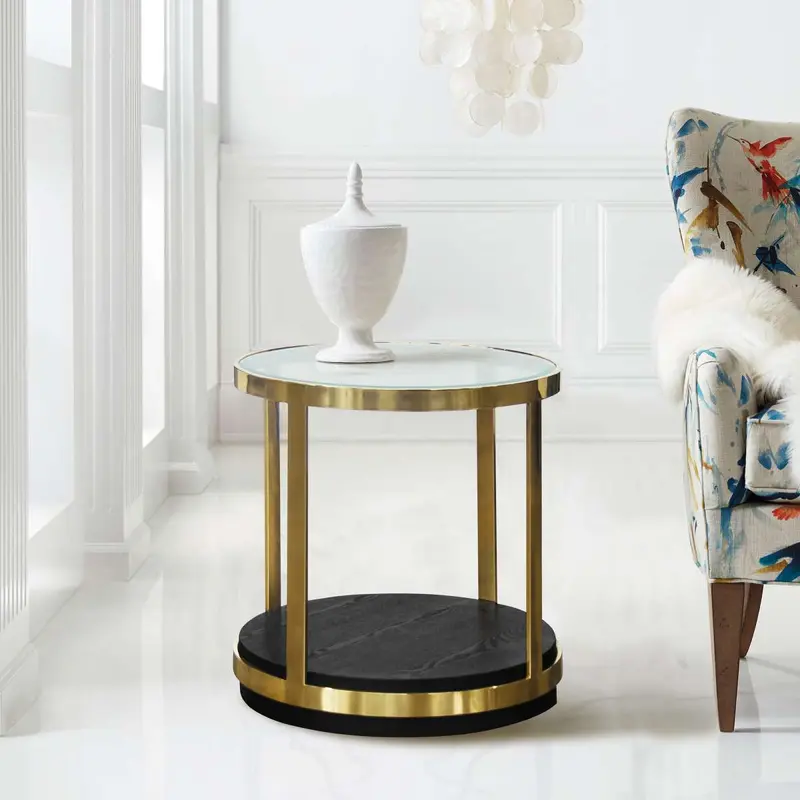 Hattie Contemporary End Table in Brushed Gold Finish and Black Wood By Armen Living