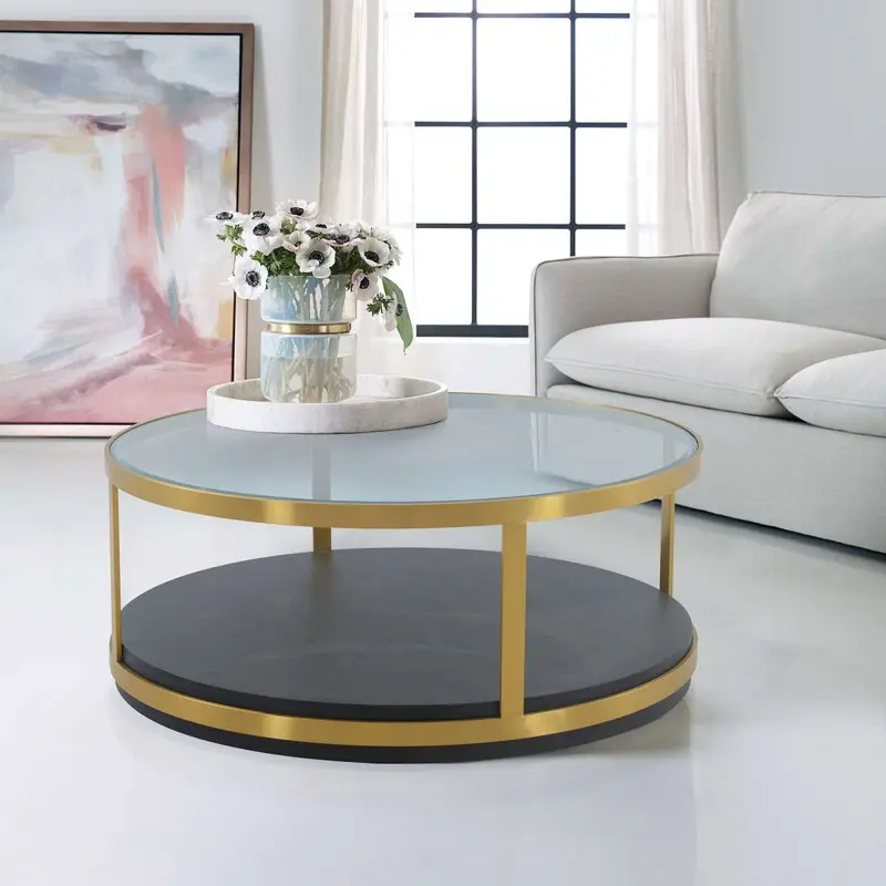 Hattie Glass Top and Walnut Wood Coffee Table with Brushed Gold Frame By Armen Living