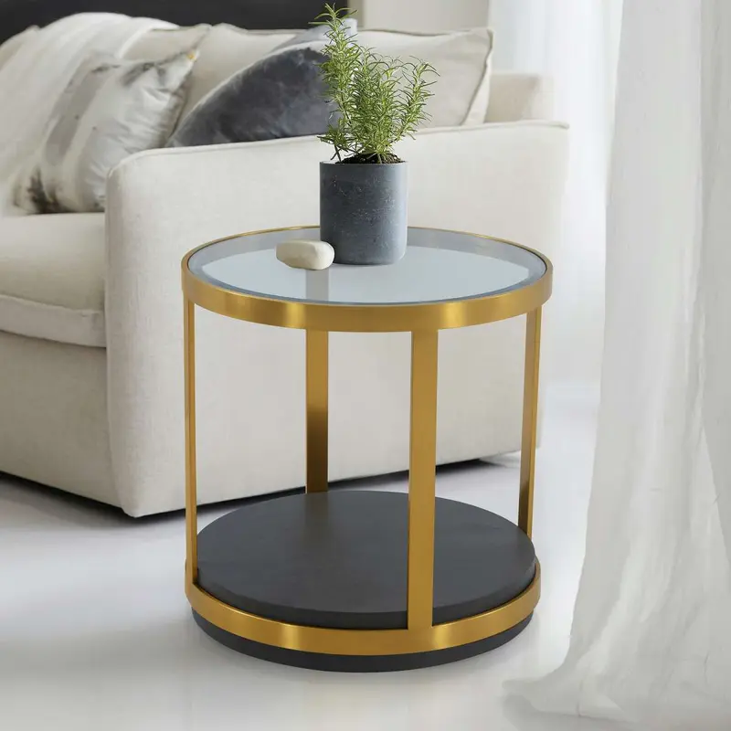 Hattie Glass Top and Walnut Wood End Table with Brushed Gold Frame By Armen Living