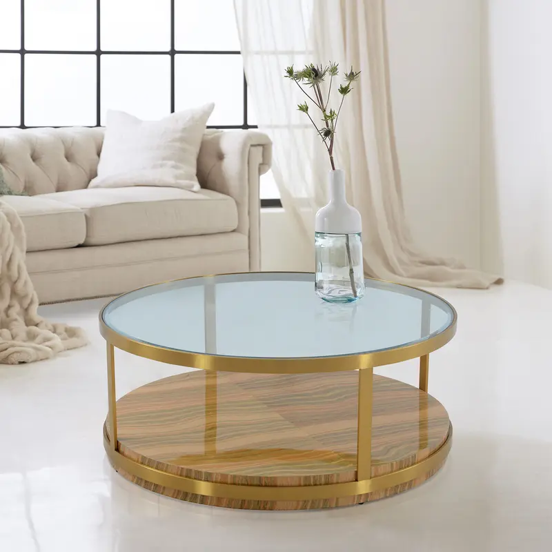 Hattie Glass Top Coffee Table with Brushed Gold Legs By Armen Living