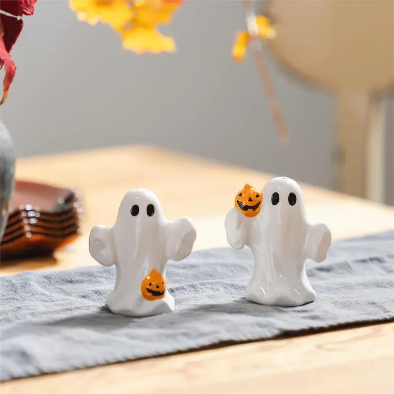 Haunted House Salt & Pepper Shaker Ceramic Ghost, Set of 2