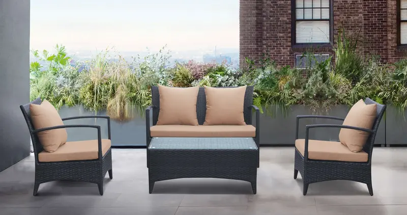 Havana 4 piece Outdoor Wicker Patio Set with Brown Fabric Cushions and Tempered Glass Top By Armen Living