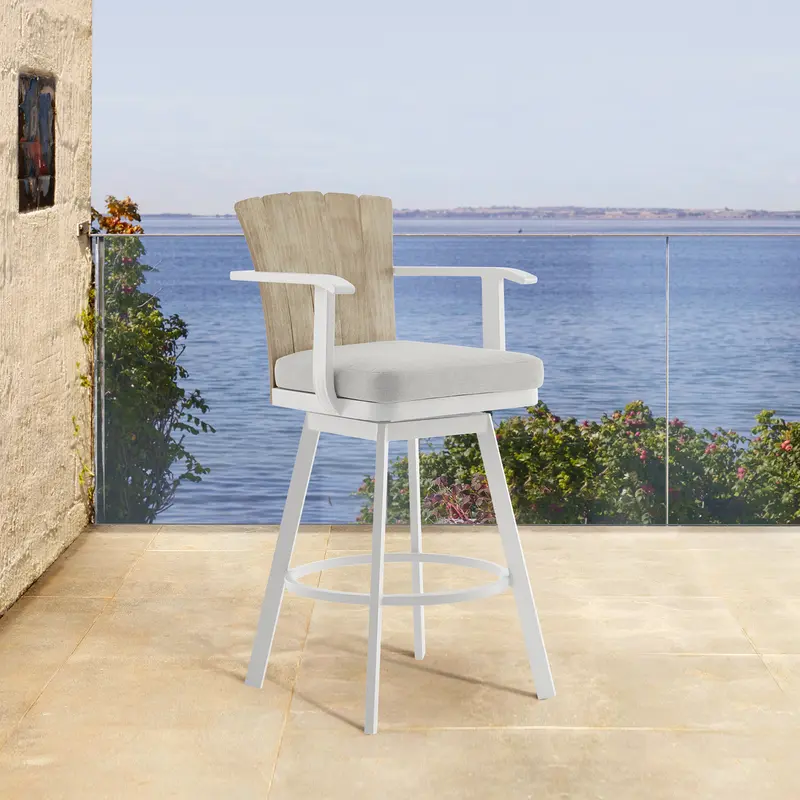Hazel Outdoor Patio Swivel Bar Stool in Aluminum with Teak Wood and Argent Gray Cushions By Armen Living