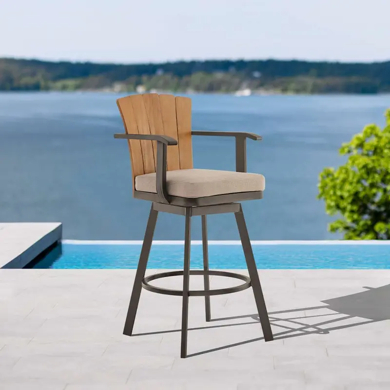 Hazel Outdoor Patio Swivel Bar Stool in Aluminum with Teak Wood and Brown Cushion By Armen Living