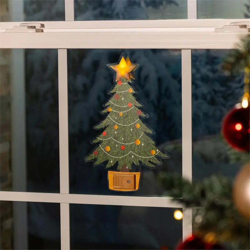 Heartfelt Cheer LED Hanging Décor Christmas Tree with Flickering Light Window Decal, 10.25"H