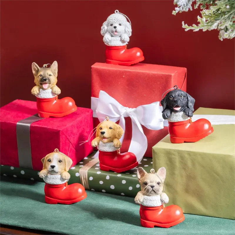 Heartfelt Cheer Pet Ornament Resin Dog in Stocking, Asst of 6, 4"