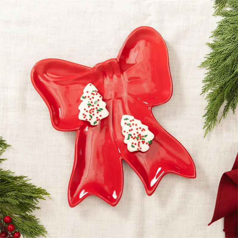 Heartfelt Cheer Plate Ceramic Bow Shaped Server, Asst of 2, 12.5"