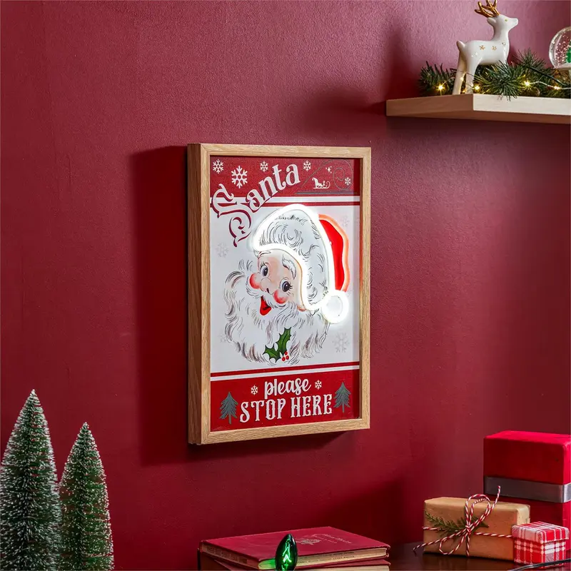 Heartfelt Cheer Wall Decor, LED Canvas,Vintage Santa Please Stop Here, 12" x 16"
