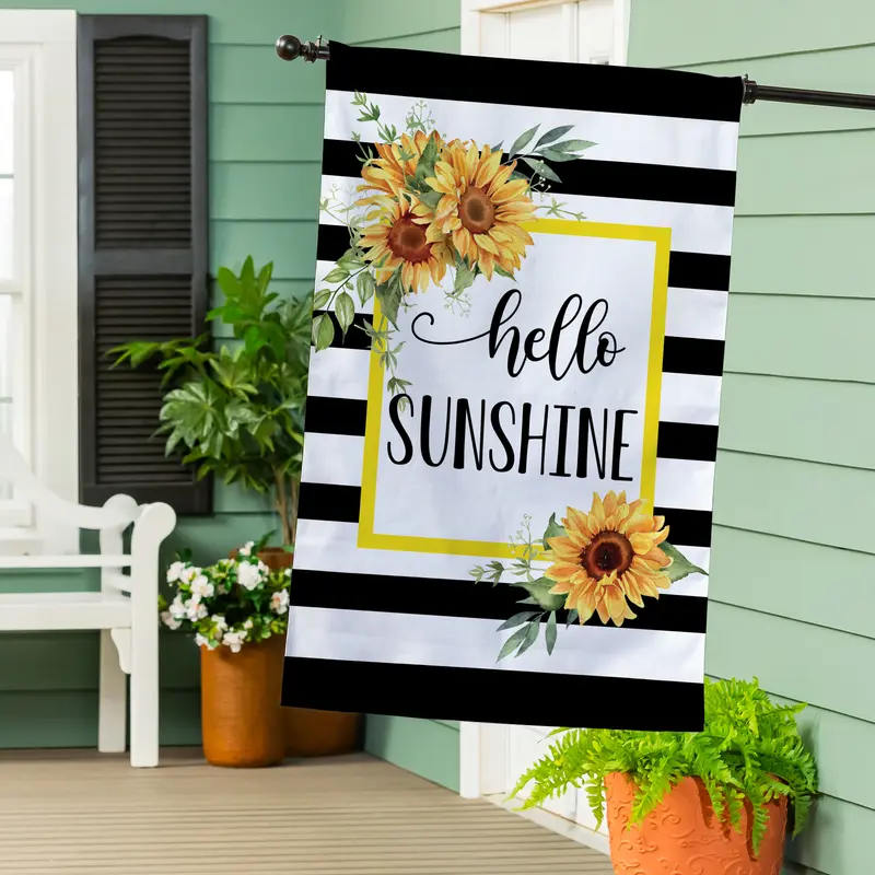 Hello Sunshine Plaid Burlap House Flag