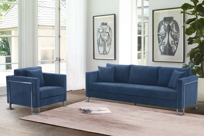 Heritage 2 Piece Blue Fabric Upholstered Sofa & Chair Set By Armen Living