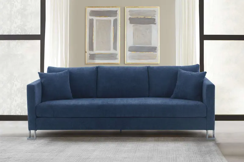 Heritage Blue Fabric Upholstered Sofa with Brushed Stainless Steel Legs By Armen Living