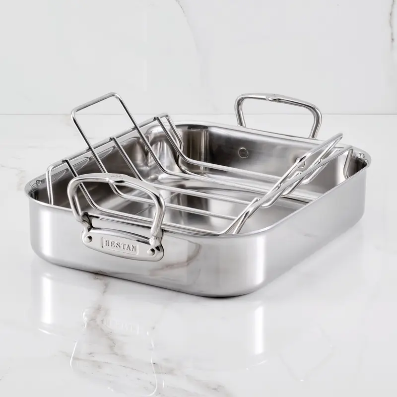 Hestan Provisions Roasters Classic Polished Clad Roaster W/Tension Rack, Small (14.5"X12"X3") Holds 20Lbs