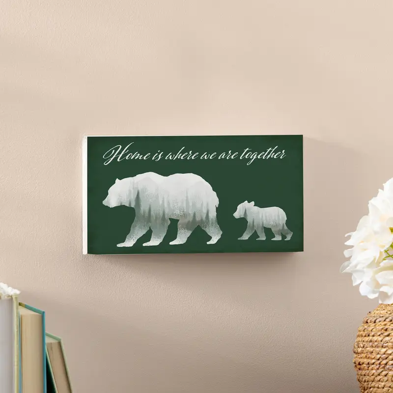 High Country Painting Wood Hanging Sign w/ Rope, Bear "Home Is Where we Are Together", 11"x6"