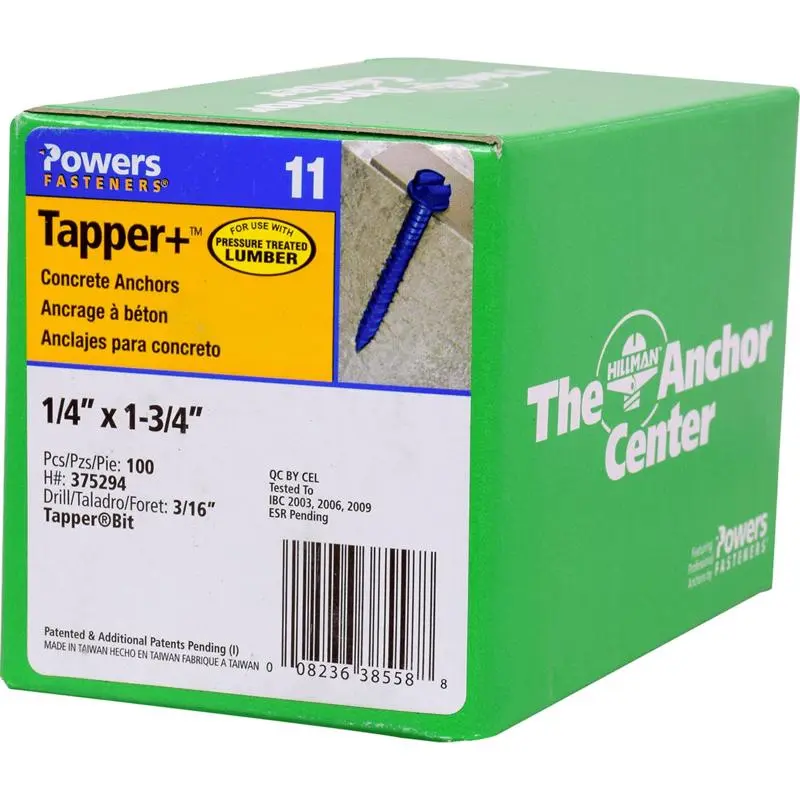 HILLMAN Tapper 1/4 in. D X 1.75 in. L Steel Hex Head Concrete Screw Anchor 100 pk - Open Box