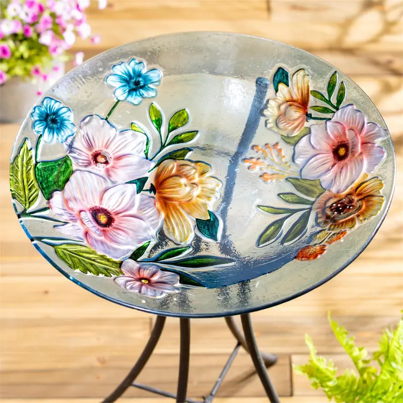 Hillside Pasture Birdbath, Farmhouse Flowers Glass Birdbath, 18"