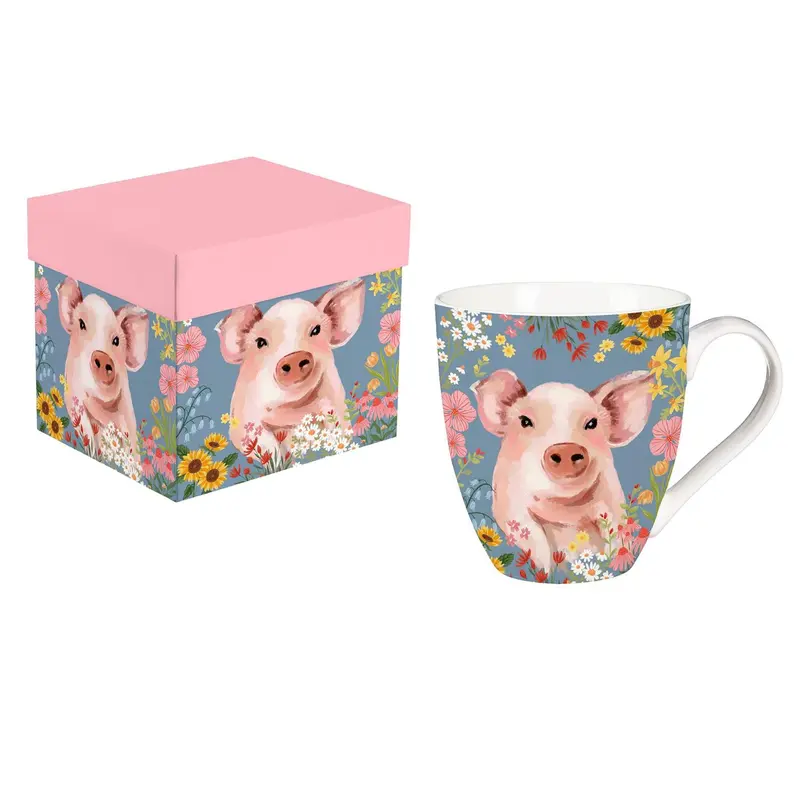 Hillside Pasture Coffee Cup Ceramic Cup O' Java, Floral Pig, 17oz, Gift Box
