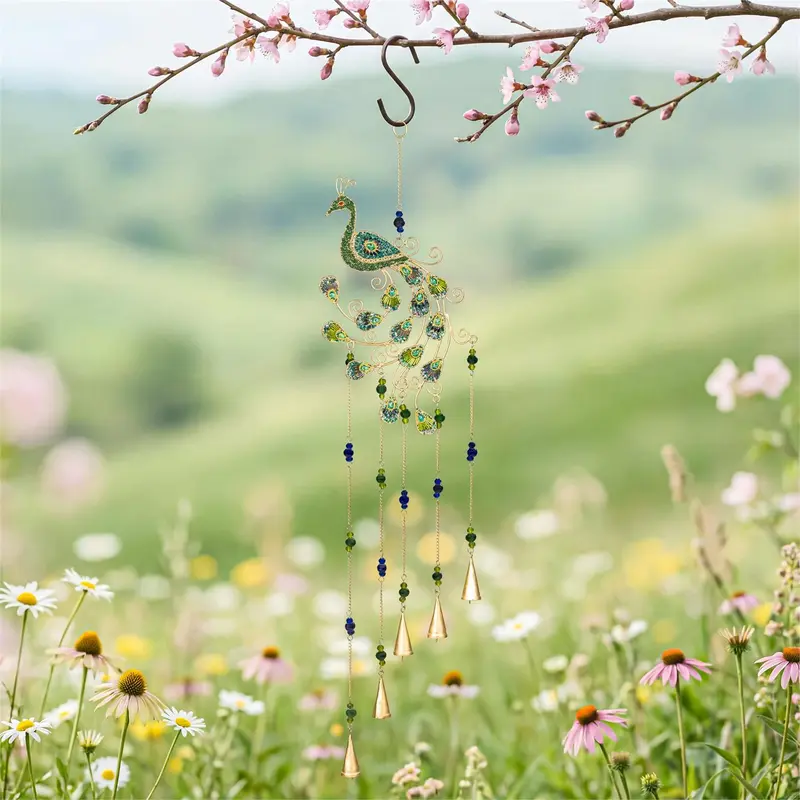 Hillside Pasture Decorative Wind Chime, Metal with Beadwork, Peacock