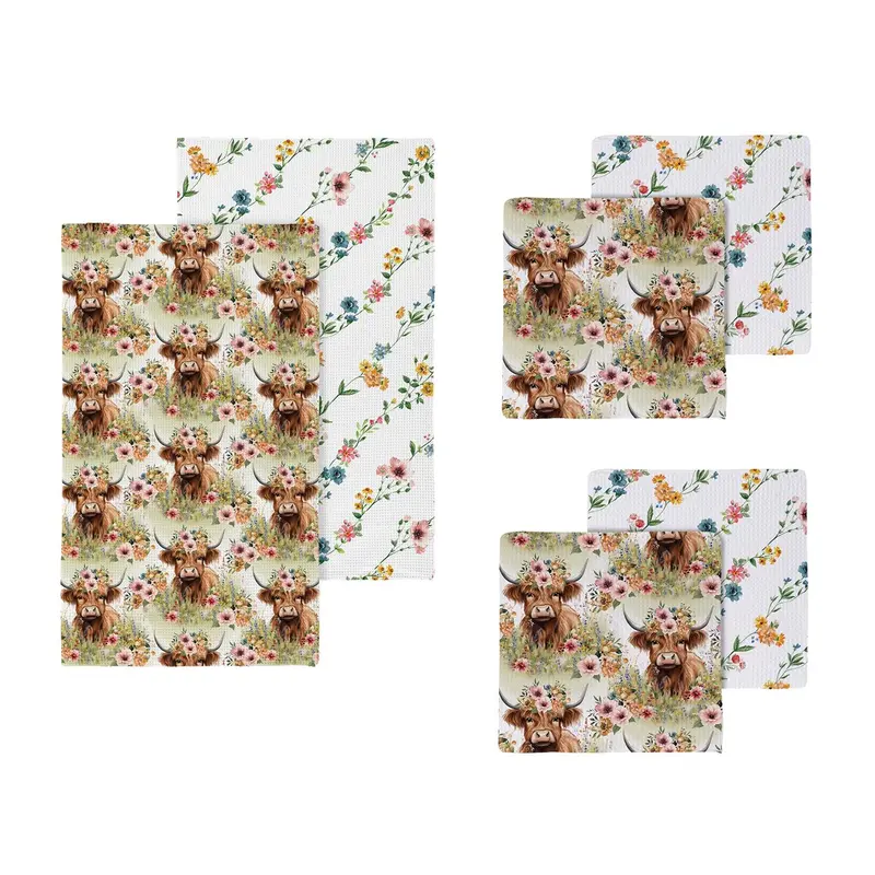 Hillside Pasture Farm Highland Cow Kitchen Gift Set Quick Dry, 1pc Towel and 2pc Dish Cloth