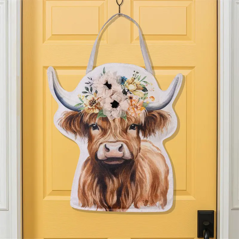 Hillside Pasture Floral Highland Cow Door Decor