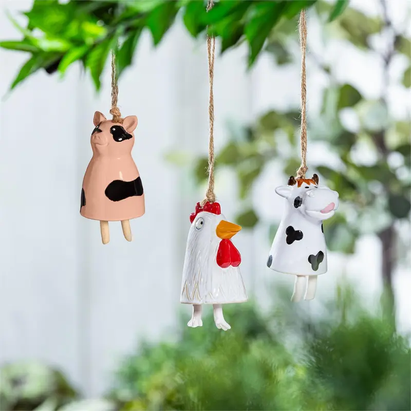 Hillside Pasture Garden Bell, Ceramic, Farm Animal Ceramic Bell with Jute, 5", Asst of 3