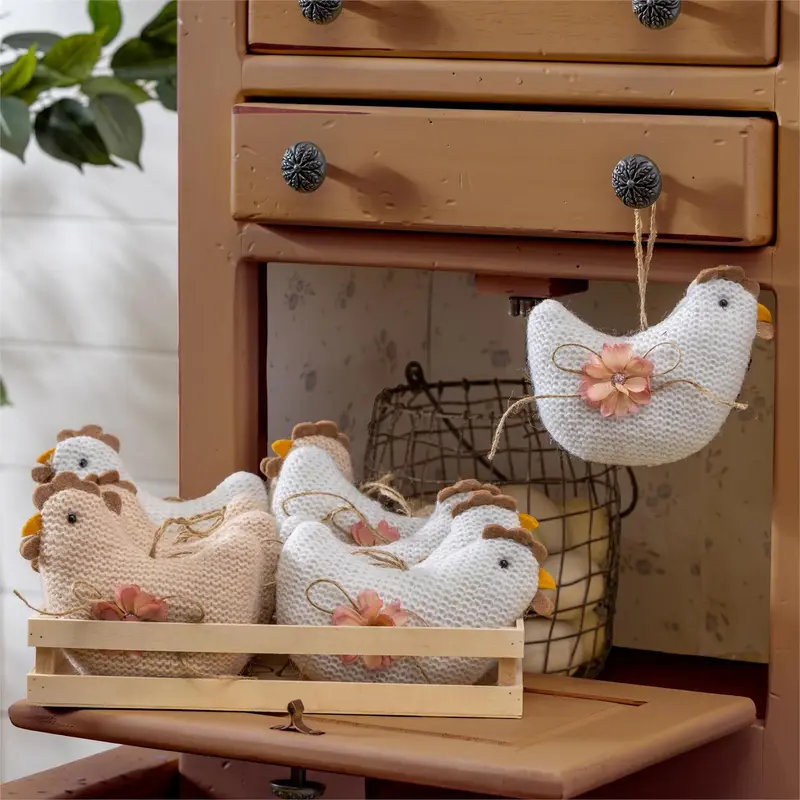 Hillside Pasture Hanging Decor Fabric Farm Chicken, 6"L, Asst of 2, In Wood Tray