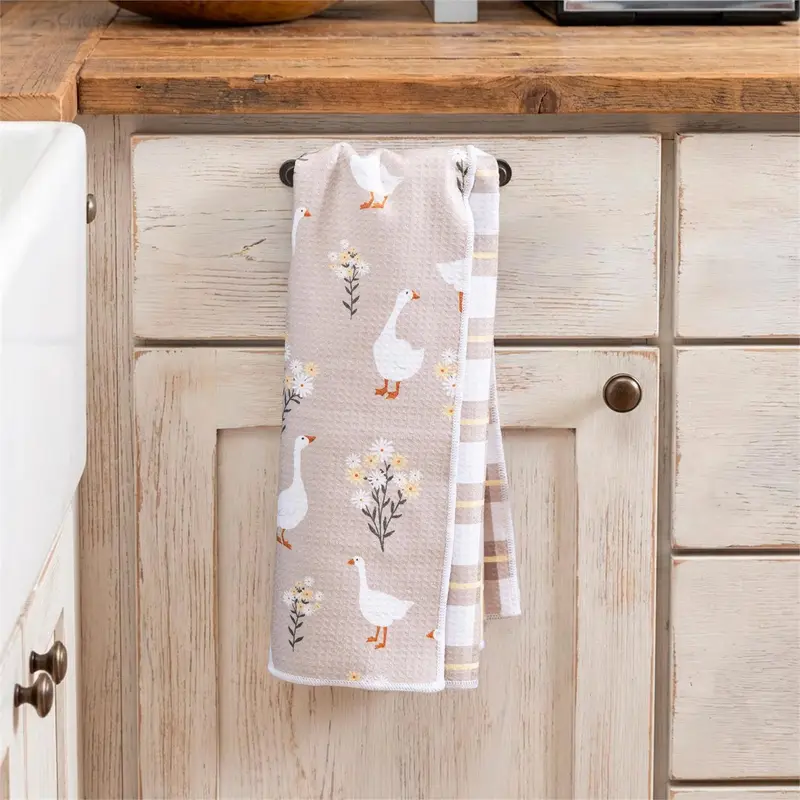 Hillside Pasture Kitchen Towel Quick Dry Waffle Weave Double-Sided, Floral Goose, 30"L x 18"W