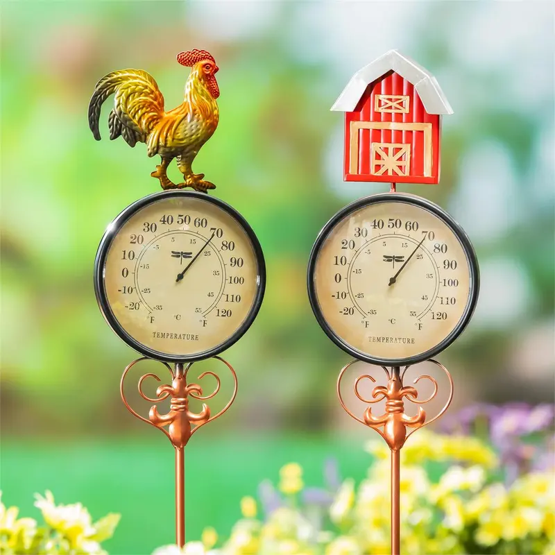 Hillside Pasture Metal Farmhouse/Rooster Thermometer Garden Stake 36"H, 2 Assorted, 12PCS CDU