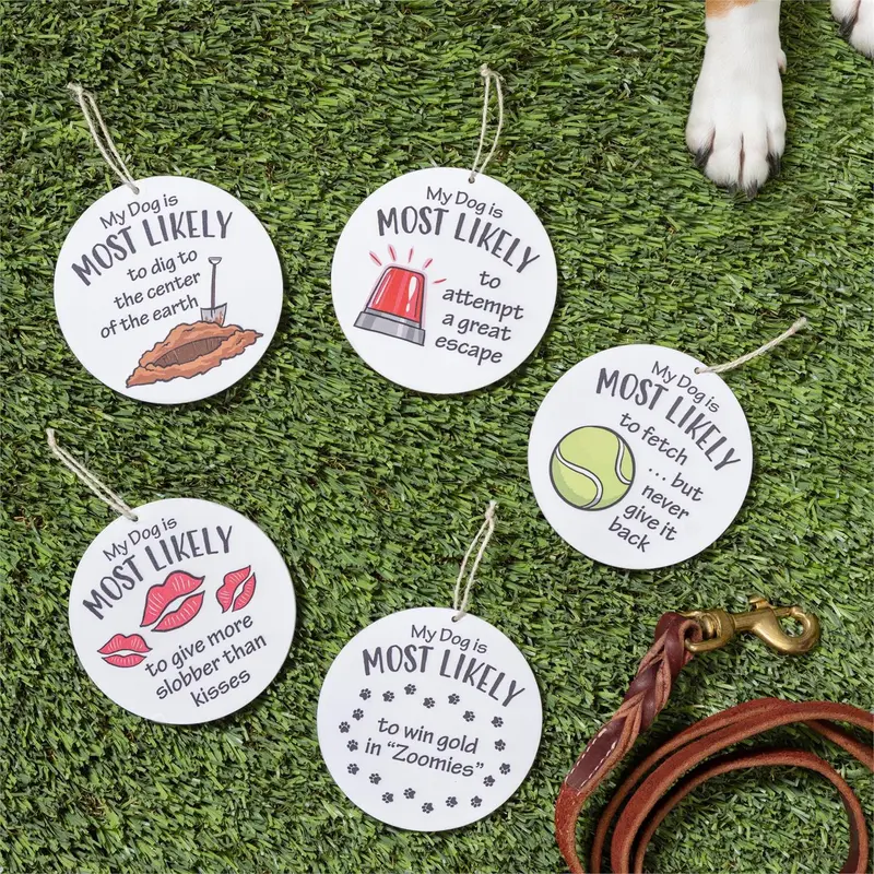 Hillside Pasture Pet Dog Most Likely To Wood Ornaments on Display, Asst of 12, 3 of each, 36 Total